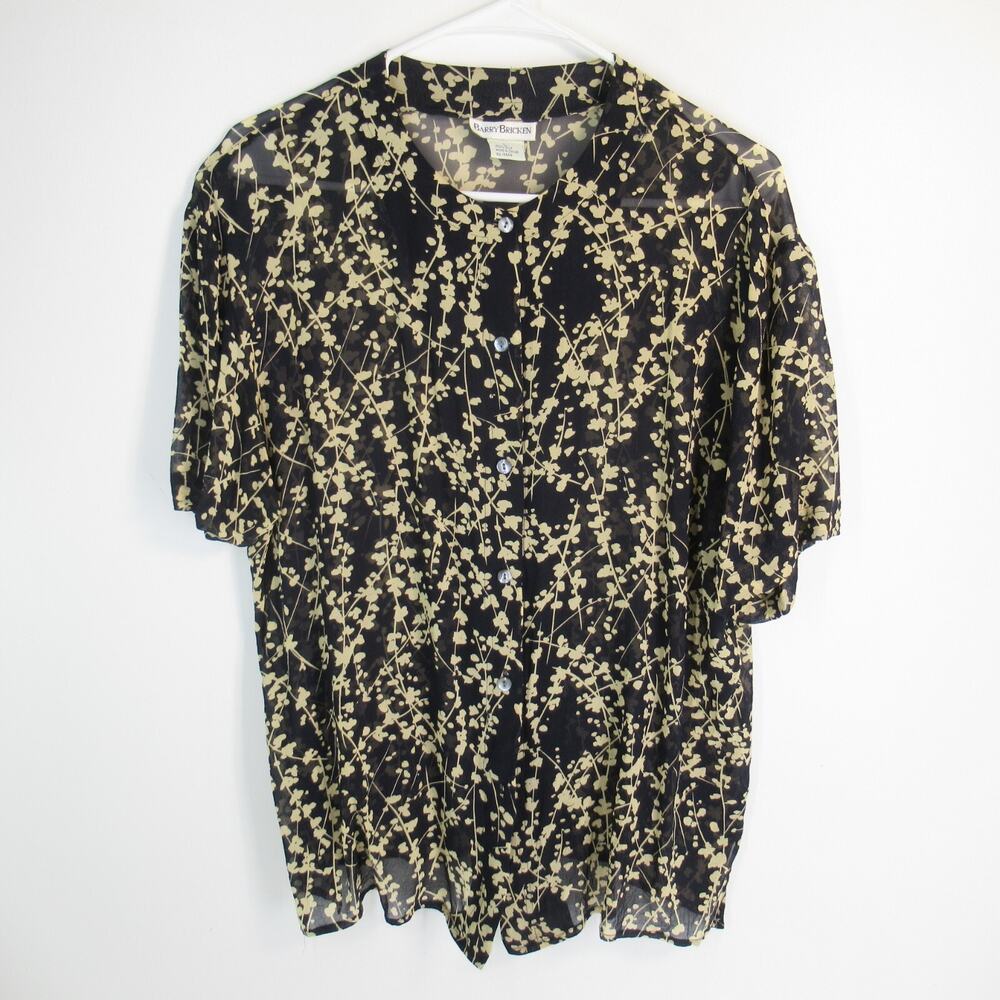 Barry Bricken Silk Top Women L Black Tan Floral Short Sleeve Blouse Button Front
